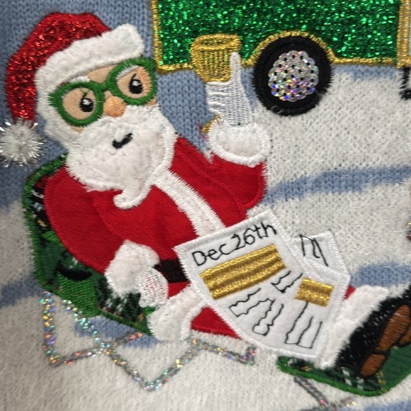 NWT Christmas Sweater Santa by a fire with a camper with Sequins sz Large - Picture 5 of 15